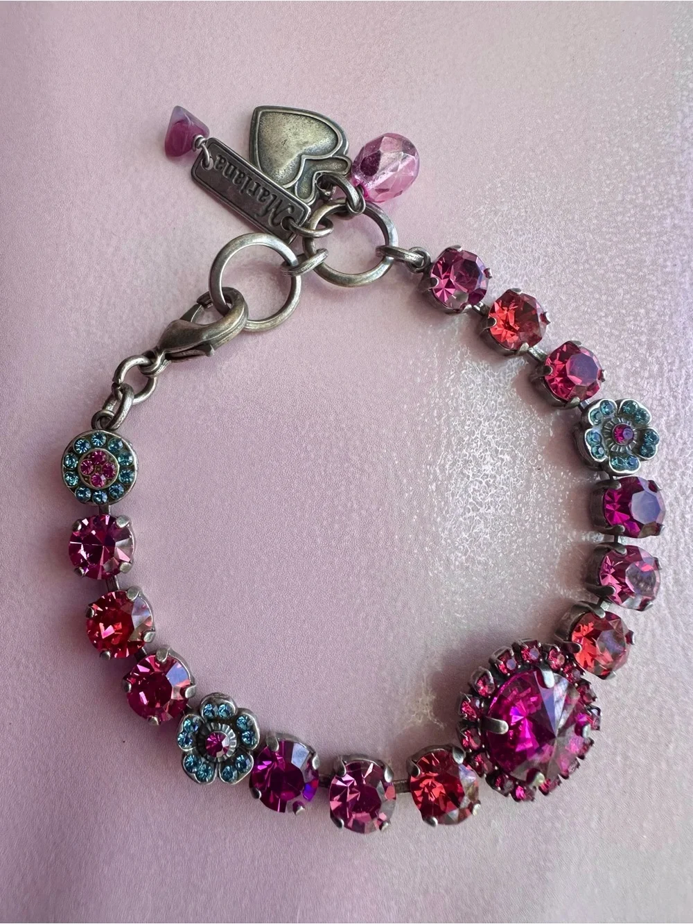 Mariana Rivoli Center Pink Crystal Bracelet with aquamarine flower clusters